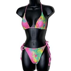New Small Paste Tie Dye Rainbow Brazilian Bikini Swimsuit Side Tie Triangle Rave